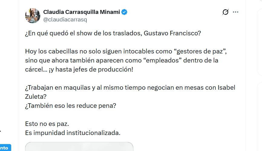 La cabildante arremetió contra el Gobierno Petro - crédito @claudiacarrasq/X