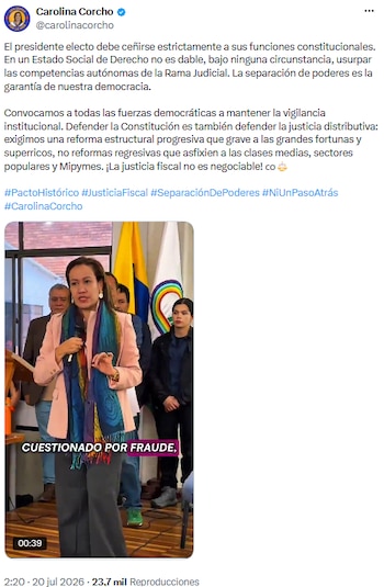Carolina Corcho advirtió sobre riesgos democráticos y exigió reforma tributaria progresiva en Colombia - crédito @carolinacorcho/X