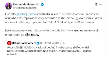 La senadora Esmeralda Hernández comparó la salida del director del Dane con las críticas que recibió el gobierno de Gustavo Petro por los cambios frecuentes - crédito @EsmeHernandezSi/X