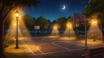 Ilustración de una cancha de baloncesto al aire libre en un parque por la noche, con faroles encendidos, árboles y un cielo estrellado con luna creciente.