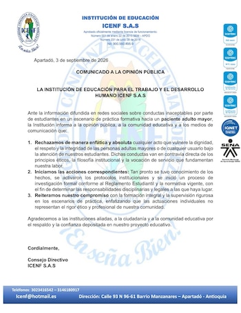 Comunicado Institución Educativa Icenf SAS - crédito X