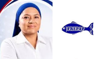 Retrato de una mujer con velo azul y camisa blanca al lado del logotipo de un pez azul con la palabra FREPAP