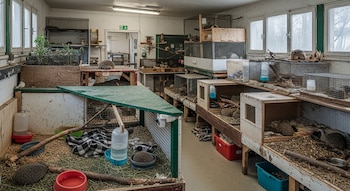 Habitación con numerosas jaulas y recintos que contienen erizos y aves, junto a bebederos, mantas y ramas, con paredes blancas y ventanas.
