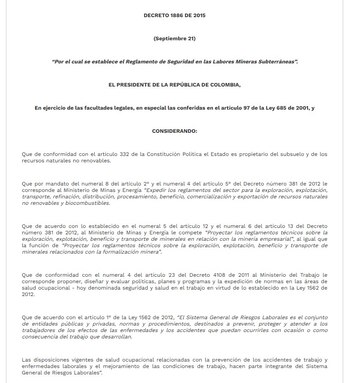 Imagen con la primera página del decreto 1886 de 2015 “por el cual se establece el Reglamento de Seguridad en las Labores Mineras Subterráneas” - crédito Función Pública