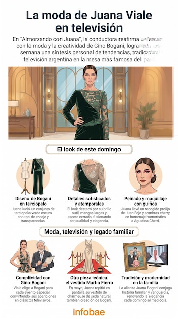 Infografía de Juana Viale con un conjunto verde de terciopelo y encaje, detallando su look, diseño de Gino Bogani y la moda en televisión.