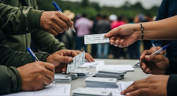 Primeros planos de manos sosteniendo bolígrafos y tarjetas de identificación durante un evento de registro. Se ven pilas de tarjetas borrosas en una mesa.