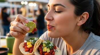 Primer plano de una mujer exprimiendo lima sobre dos tacos al pastor, con salsa en sus labios y barbilla, en un ambiente exterior de comida.