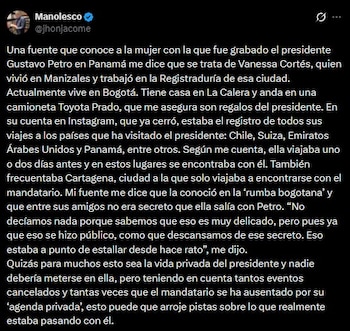 : Esta fue la publicación del periodista John Jairo Jácome en la que mencionó por primera vez el nombre de Vanessa Cortés tras el viaje de Petro a Panamá - crédito @jhonjacome/X