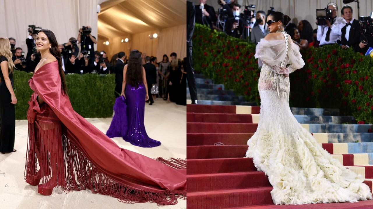 Rosalía, de Rick Owens (izquierda) y Givenchy (derecha) en la MET Gala de 2021 y 2022.
