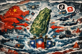 Ilustración tipo collage: Taiwán asediado por China con buques, aviones, drones y soldados taiwaneses defendiendo, junto a símbolos de presión y desinformación.