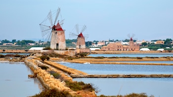Molinos de viento con tejados rojos se sitúan entre estanques de sal, montículos de sal blancos y edificios de tonos ocres al fondo