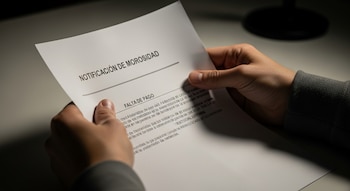 Primer plano de dos manos sosteniendo un documento blanco titulado 'NOTIFICACIÓN DE MOROSIDAD' y 'FALTA DE PAGO' bajo una luz focalizada.