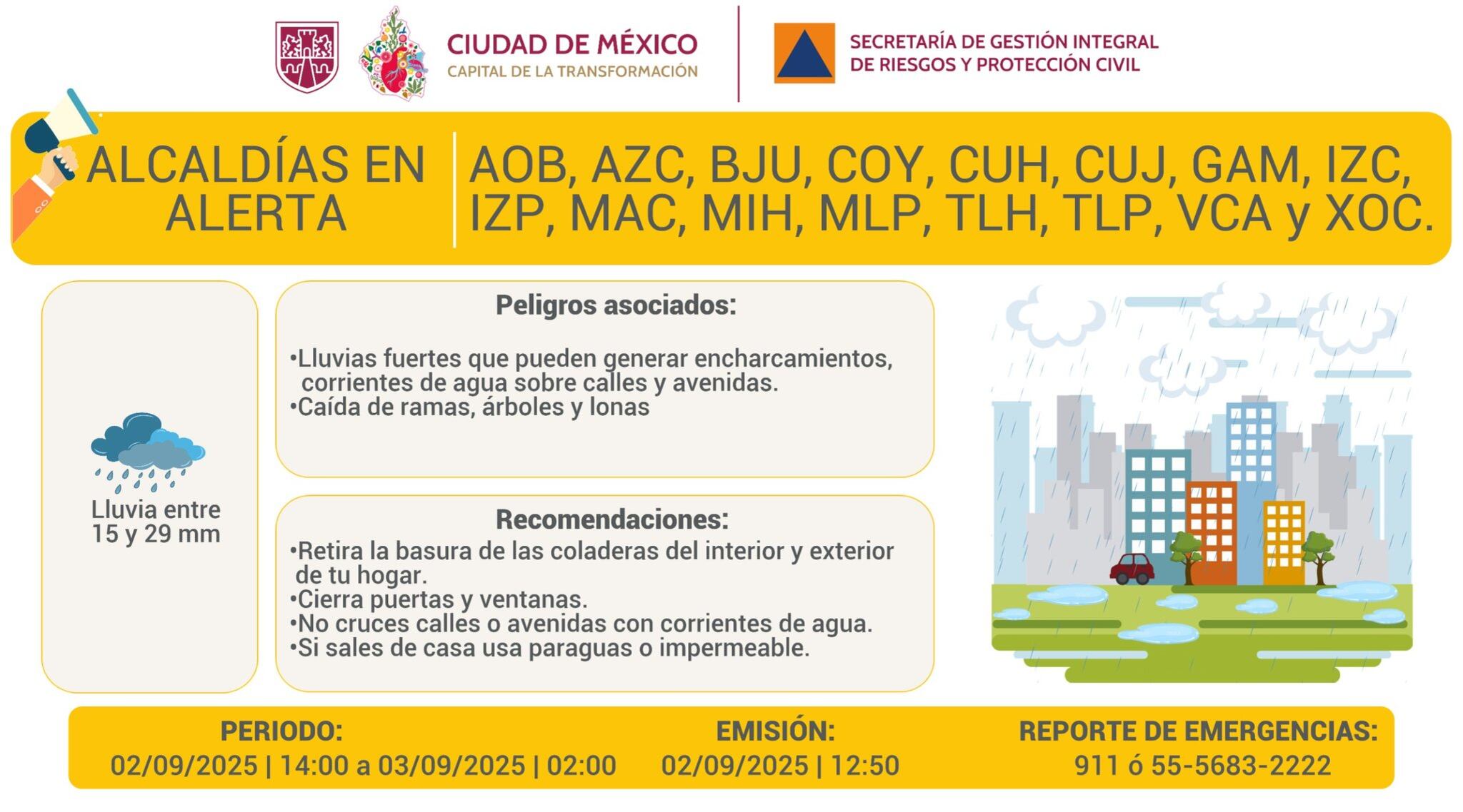 Todas las alcaldías de CDMX estarán en alerta amarilla para la tarde y noche de este martes 2 de septiembre. Foto: X/@SGIRPC_CDMX.