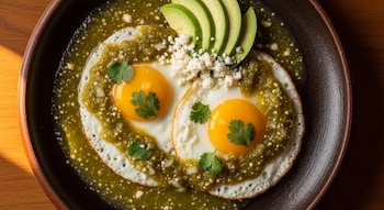 Vista aérea de un plato con dos huevos fritos con yemas brillantes, cubiertos con salsa verde, cilantro, queso desmoronado y rodajas de aguacate.