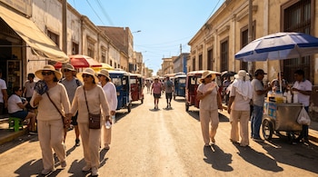 Calle con edificios y mototaxis, personas caminan con sombreros y gafas de sol bajo el sol intenso. Vendedor ambulante con carrito y sombrilla.