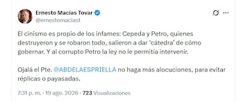 El exsenador Ernesto Macías rechazó la intervención de la oposición y lanzó fuertes críticas contra Petro y Cepeda - crédito @ernestomaciast/X