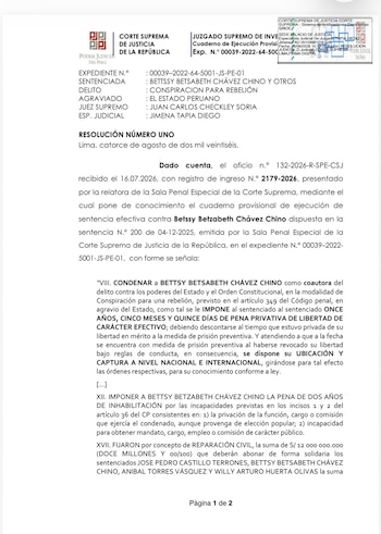 Documento judicial de la Corte Suprema de Justicia de la República del Perú con texto impreso en negro y sellos digitales