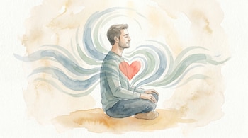 Ilustración acuarela de un hombre adulto con ojos cerrados meditando, sentado con las piernas cruzadas. Ondas azules y verdes emanan de él y un corazón rojo en su pecho.