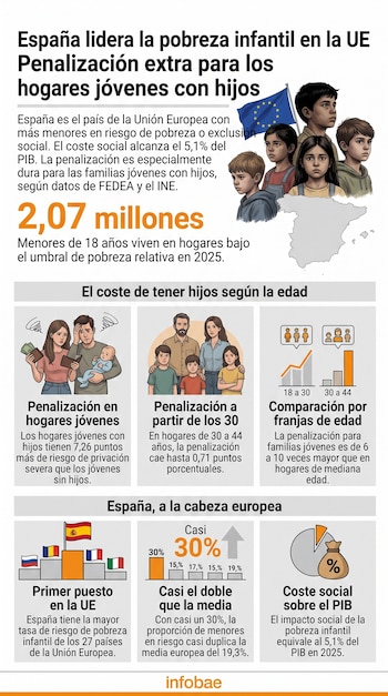 Infografía con datos de pobreza infantil, ilustraciones de familias, un mapa de España y gráficos estadísticos.