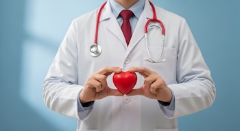 Médico de pie con torso visible, viste bata blanca y corbata roja, sosteniendo un corazón rojo de plástico. Un estetoscopio rojo cuelga alrededor de su cuello sobre un fondo celeste liso.