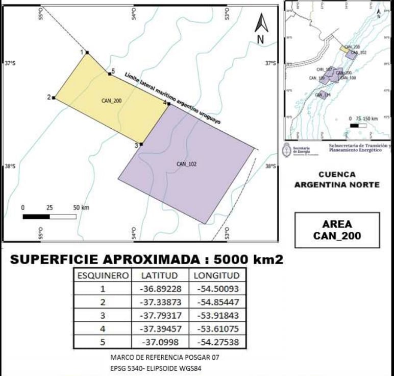 El área CAN_200 abarca 5.000 km² en la Cuenca Argentina Norte y se ubica a más de 300 kilómetros de la costa, a una profundidad superior a los 1.000 metros (Secretaría de Energía)