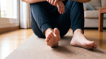 Un hombre sentado en un tapete de yoga eleva el dedo gordo de su pie derecho. Sus manos están entrelazadas en las rodillas. Fondo borroso con ventana y sofá.