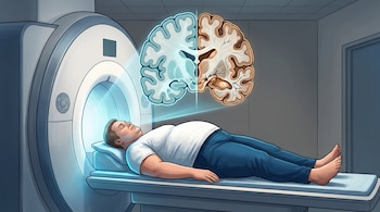 Ilustración de un hombre acostado en un escáner médico junto a la proyección gráfica de un corte de cerebro dividido en dos mitades.