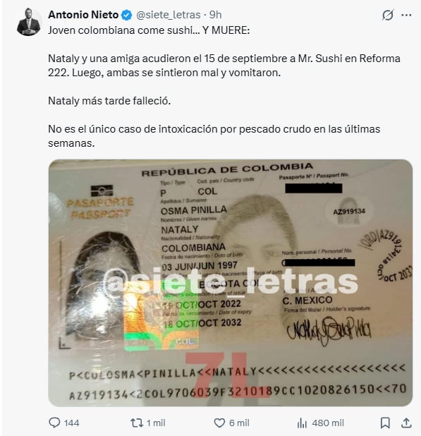 Un mensaje en X difunde el fallecimiento de Nataly Osma Pinilla por una presunta intoxicación tras consumir sushi en un restaurante de la Ciudad de México. (X: Antonio Nieto)