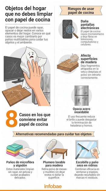 Mano usando papel de cocina sobre televisor rayado, superficie de madera con pelusa, refrigerador manchado, paños, plumero, escobilla y texto informativo.