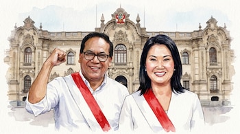 Ilustración en acuarela de Roberto Sánchez con el puño en alto y Keiko Fujimori sonriendo, ambos con banda presidencial, frente al Palacio de Gobierno.