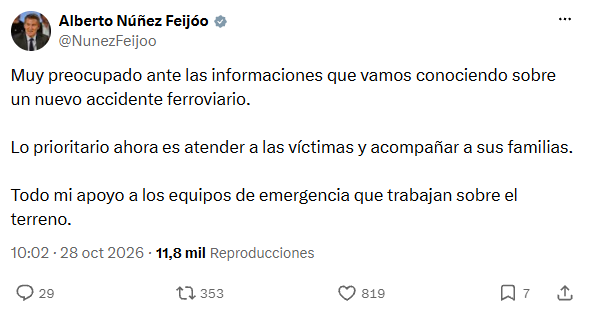 Feijóo expresa su preocupación por el accidente de trenes en Toledo (X)