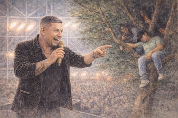 Pintura en acuarela de Andrés Franco en el escenario con micrófono, señalando y riendo hacia un árbol donde un asistente duerme y otros observan con teléfonos.
