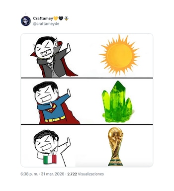 Imagen de tres paneles. Arriba: un vampiro de caricatura se aleja del sol. Medio: Superman de caricatura se aleja de la kriptonita verde. Abajo: una figura de caricatura con una bandera italiana se aleja del trofeo del Mundial de fútbol