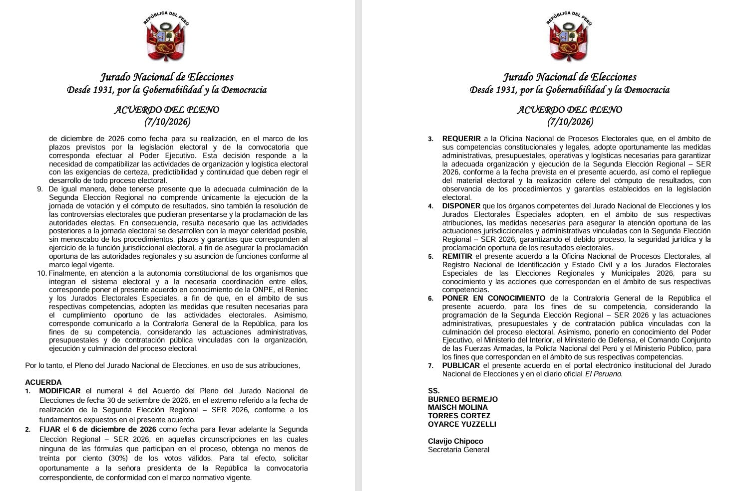 El Jurado Nacional de Elecciones del Perú establece el 6 de diciembre de 2026 como fecha para la realización de la Segunda Elección Regional.