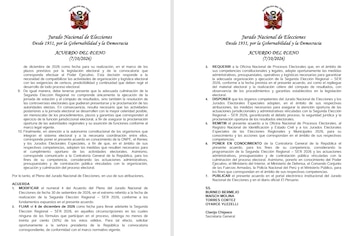 Documento oficial del Jurado Nacional de Elecciones del Perú impreso en dos páginas con el escudo nacional y firmas