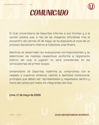 Comunicado oficial de Universitario tras polémica actitud de José 'Tunche' Rivera en el Monumental.