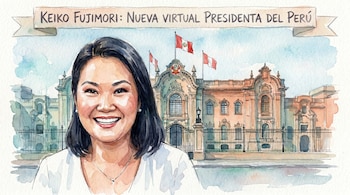 Ilustración en acuarela de Keiko Fujimori sonriendo en primer plano, con cabello oscuro y blusa blanca, y el Palacio de Gobierno de Perú detrás.