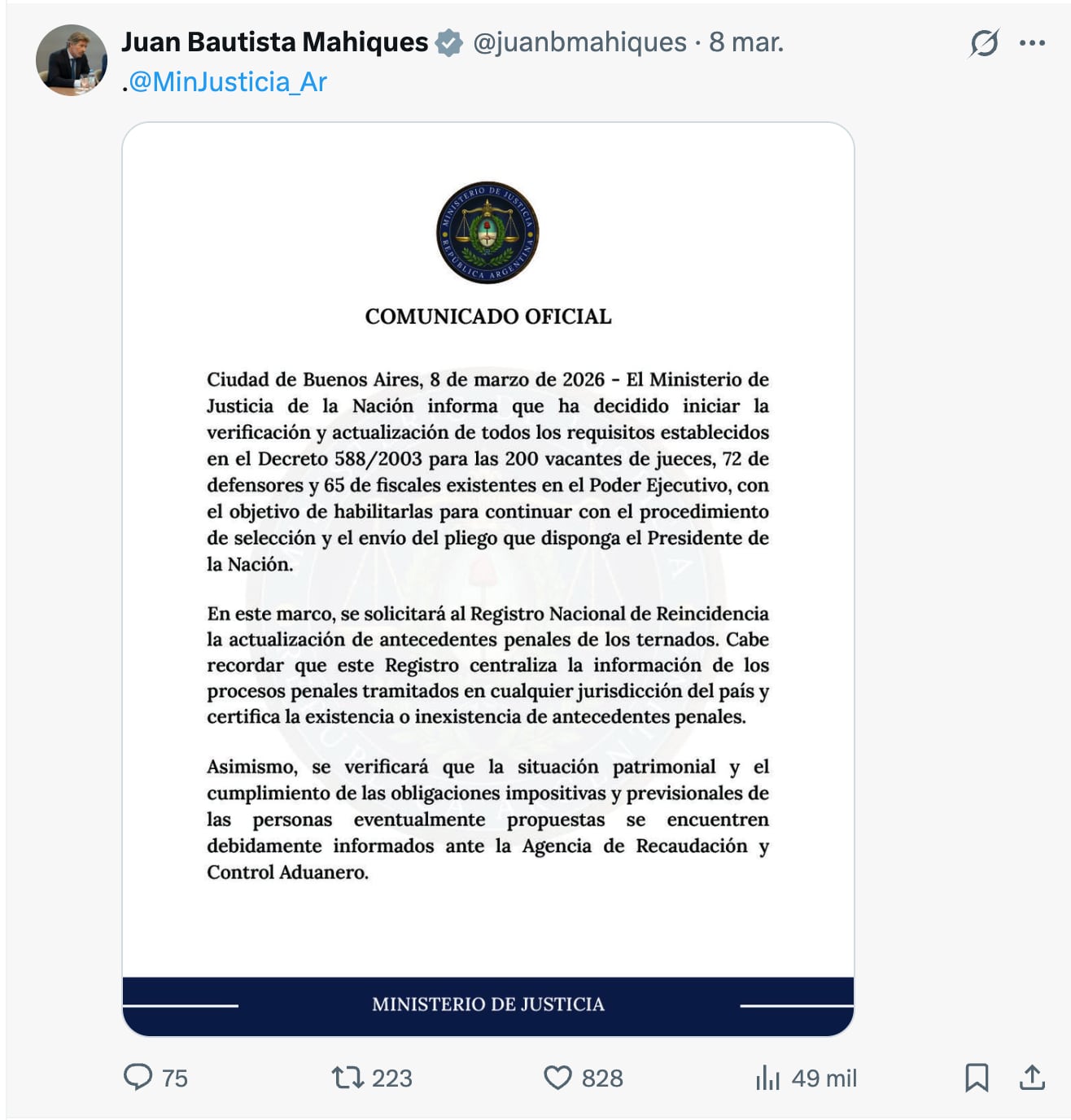 Comunicado de Mahiques sobre el proceso de selección de candidatos a jueces