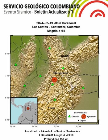 El evento sísmico se registró sobre la 8:38 p. m., con una magnitud 4.6, y una profundidad 150 km - crédito SGC