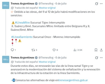 Captura de pantalla de dos tuits de Trenes Argentinos informando sobre interrupciones y limitaciones en los servicios de las líneas Mitre y Sarmiento