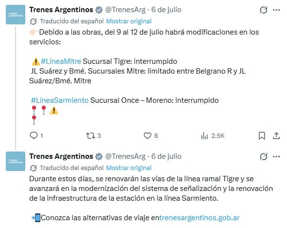 Trenes Argentinos informa sobre modificaciones en los servicios de las líneas Mitre y Sarmiento, afectando el transporte ferroviario en Argentina del 9 al 12 de julio debido a obras. (Trenes Argentinos)