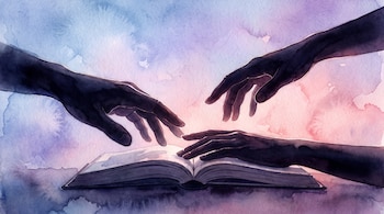 Ilustración en acuarela de tres manos oscuras que se aproximan a un libro abierto sobre un fondo de tonos azules, violetas y rosados.