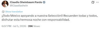 Sheinbaum exhorta a la ciudadanía a celebrar con responsabilidad el encuentro mundialista.