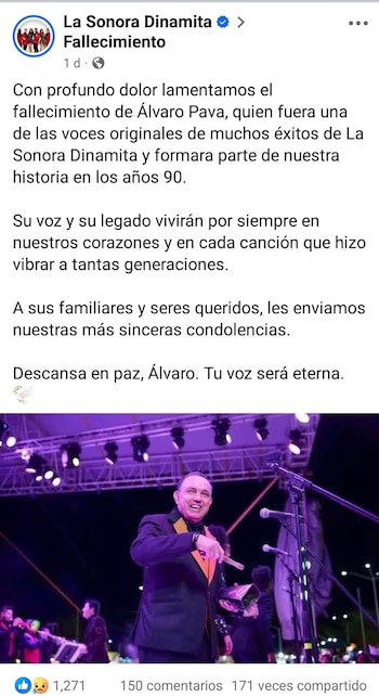 Captura de pantalla de una publicación de redes sociales con un texto sobre un fallecimiento y la foto de un cantante en un escenario