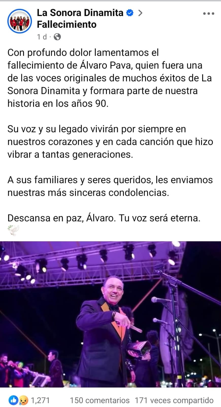 Un comunicado publicado por la agrupación musical La Sonora Dinamita informa sobre la muerte de su exvocalista Álvaro Pava. (Facebook: La Sonora Dinamita)