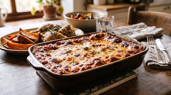 Lasaña gratinada en una bandeja rectangular sobre una mesa de madera, con boniato, pollo, cubiertos y un vaso de agua al fondo.