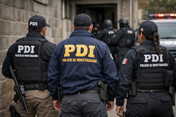 Tres agentes de la Policía de Investigación de México de espaldas, con uniformes negros, chalecos tácticos, gorras y armas, frente a un edificio y una patrulla.