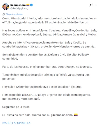 El ministro del Interior confirmó que bomberos de Yopal llegarán en las próximas horas para apoyar con las labores en Tolima - crédito @Rodrigo_Lara_ / X