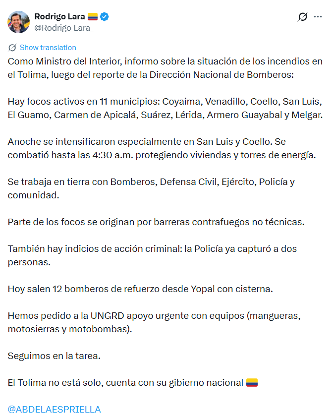 El ministro del Interior confirmó que bomberos de Yopal llegarán en las próximas horas para apoyar con las labores en Tolima - crédito @Rodrigo_Lara_ / X