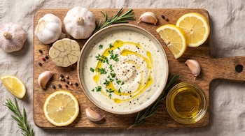 Cuenco con salsa blanca, aceite de oliva, perejil, pimienta molida, cabezas de ajo enteras y cortadas, dientes de ajo, rodajas de limón y romero en una tabla.